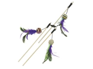 CANE WITH COLOURFUL FABRIC BALLS AND FEATHERS
