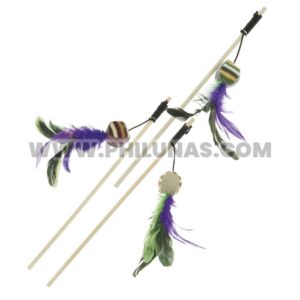 CANE WITH COLOURFUL FABRIC BALLS AND FEATHERS